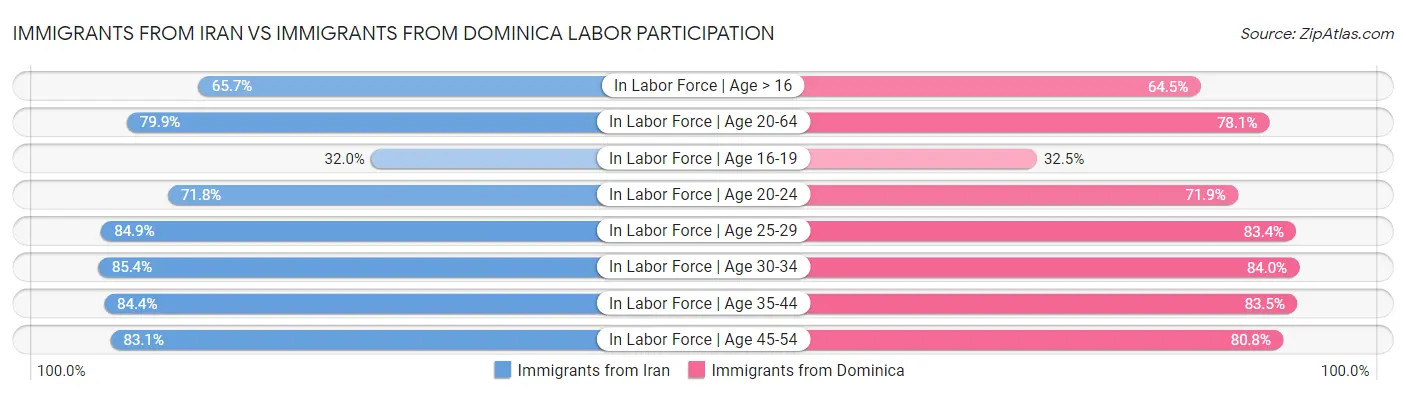 Immigrants from Iran vs Immigrants from Dominica Labor Participation