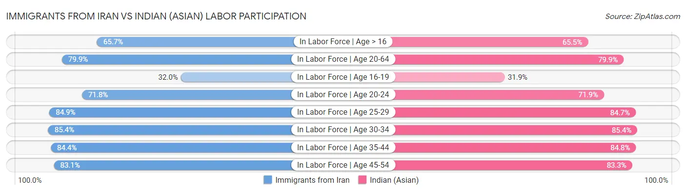 Immigrants from Iran vs Indian (Asian) Labor Participation