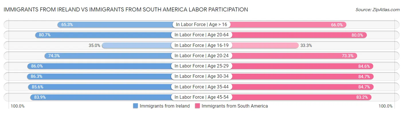 Immigrants from Ireland vs Immigrants from South America Labor Participation