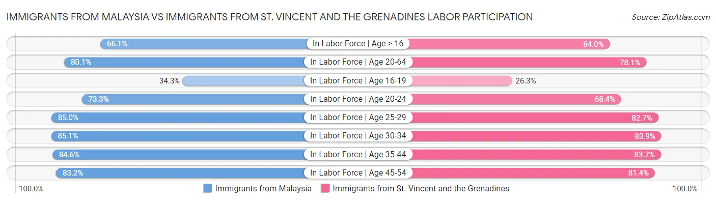 Immigrants from Malaysia vs Immigrants from St. Vincent and the Grenadines Labor Participation