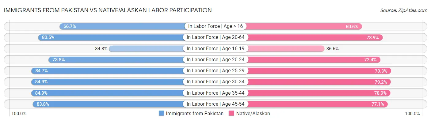 Immigrants from Pakistan vs Native/Alaskan Labor Participation