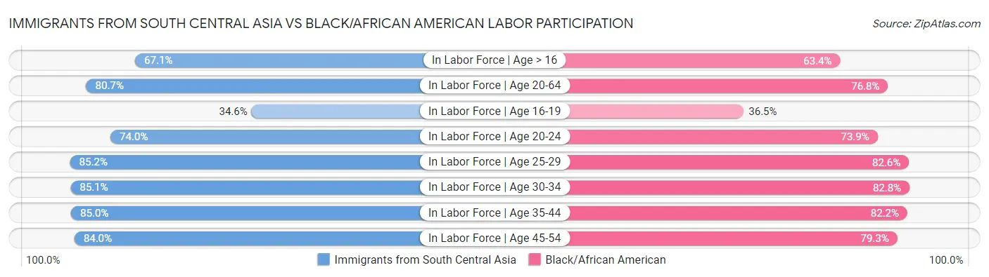 Immigrants from South Central Asia vs Black/African American Labor Participation