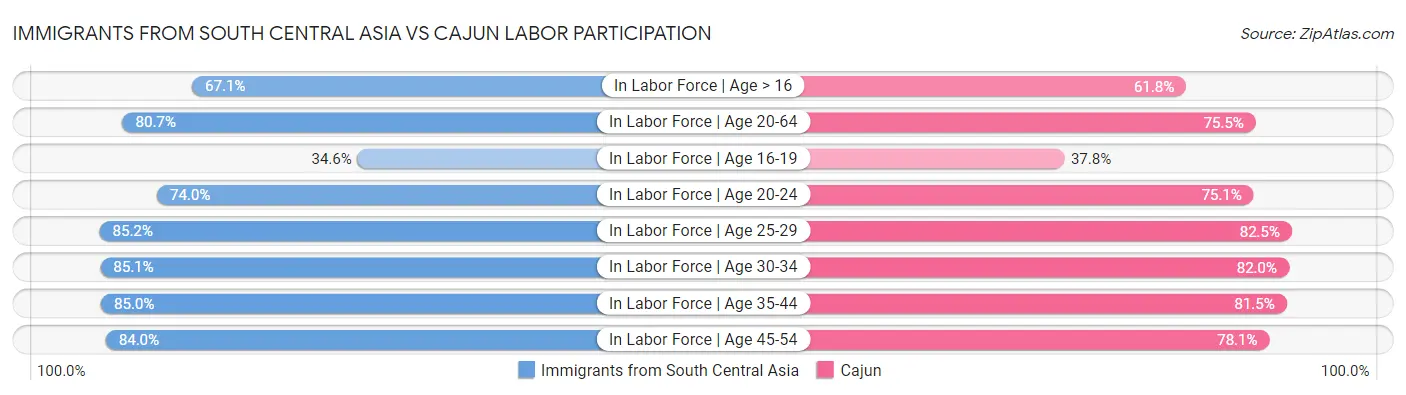 Immigrants from South Central Asia vs Cajun Labor Participation