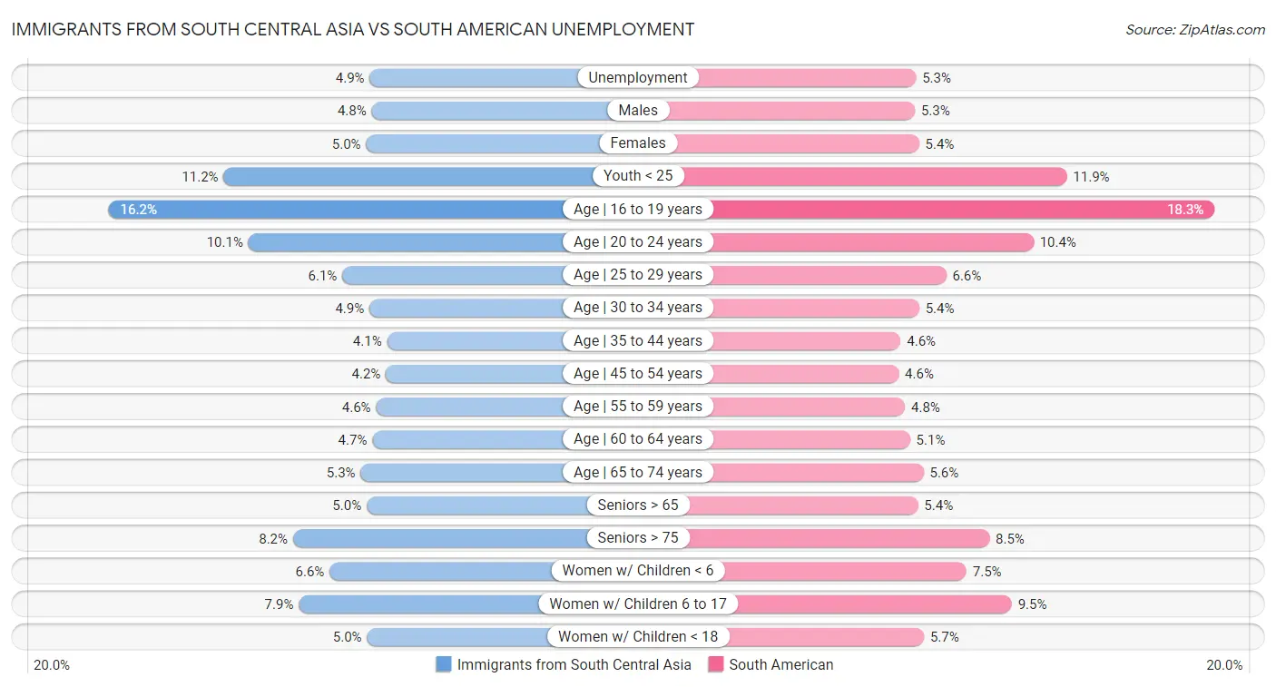 Immigrants from South Central Asia vs South American Unemployment
