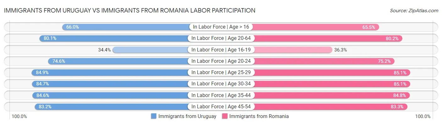 Immigrants from Uruguay vs Immigrants from Romania Labor Participation