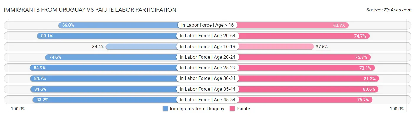 Immigrants from Uruguay vs Paiute Labor Participation