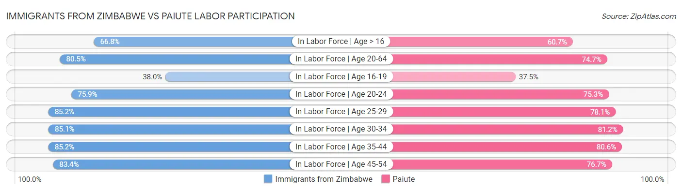 Immigrants from Zimbabwe vs Paiute Labor Participation
