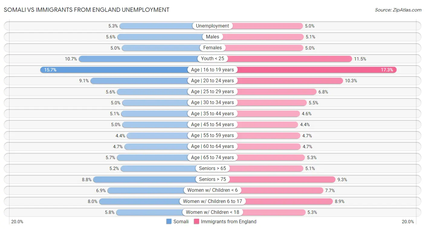 Somali vs Immigrants from England Unemployment
