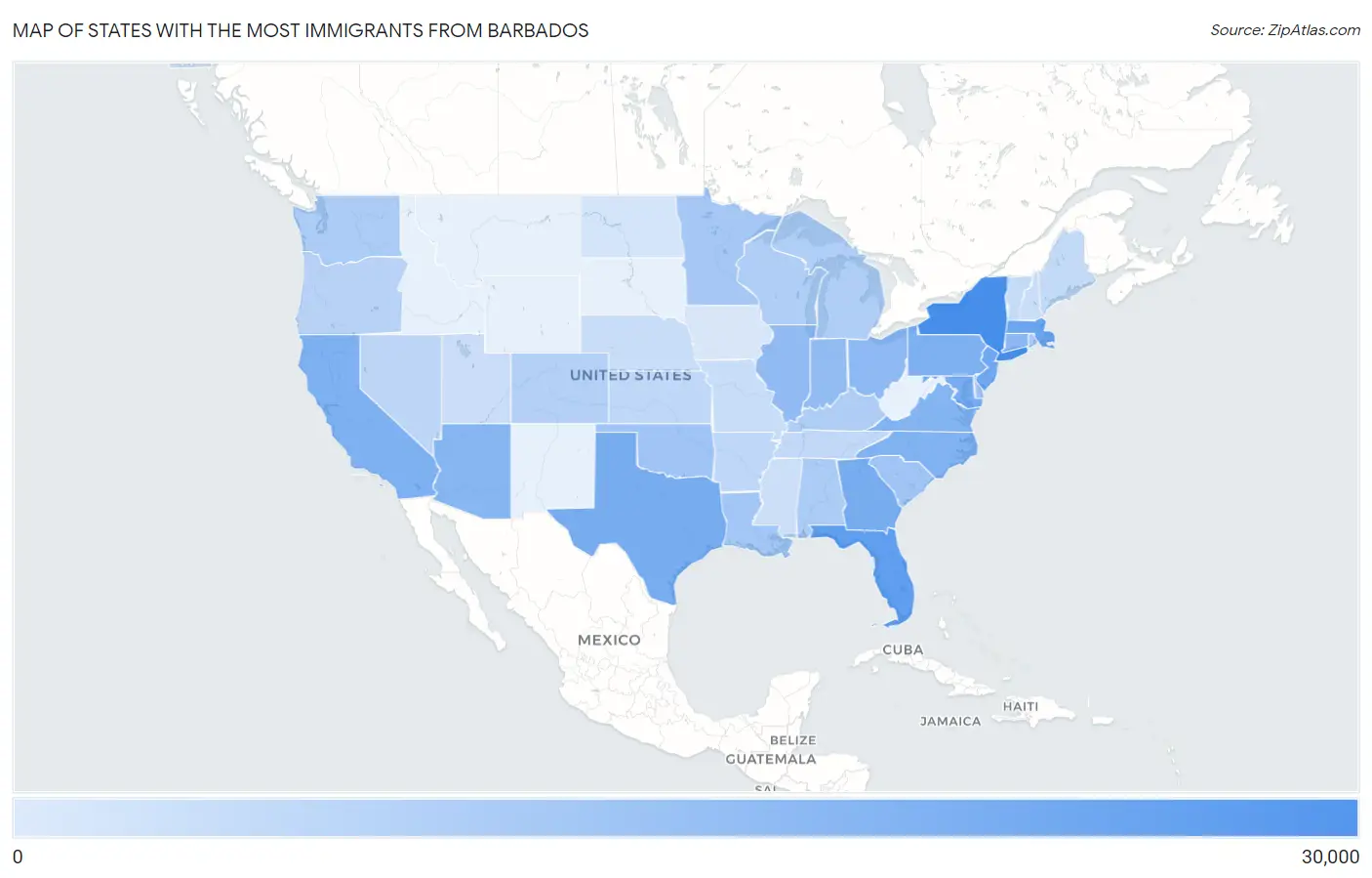 States with the Most Immigrants from Barbados in the United States Map