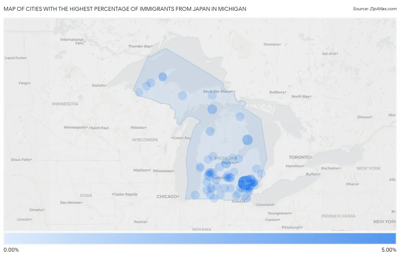 Cities with the Highest Percentage of Immigrants from Japan in Michigan Map