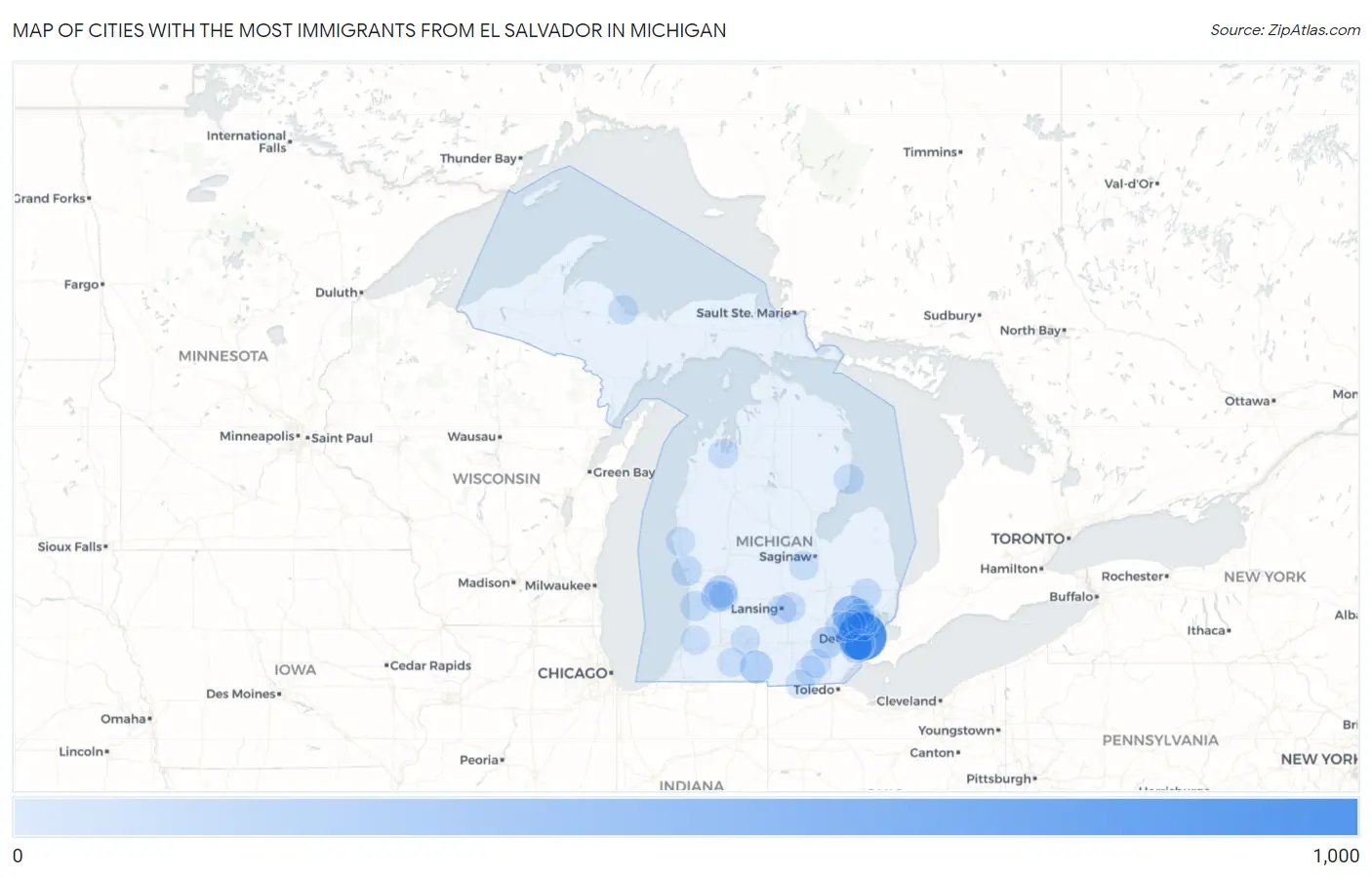 Cities with the Most Immigrants from El Salvador in Michigan Map