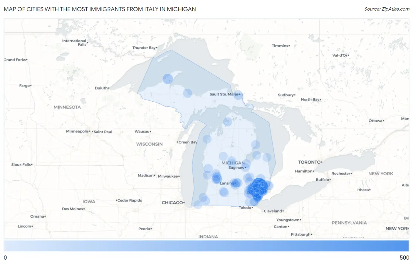 Cities with the Most Immigrants from Italy in Michigan Map