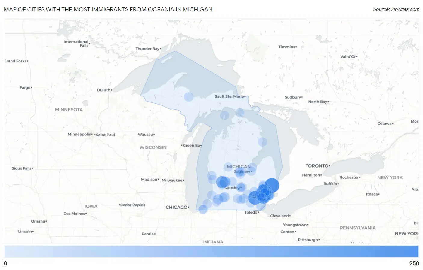 Cities with the Most Immigrants from Oceania in Michigan Map