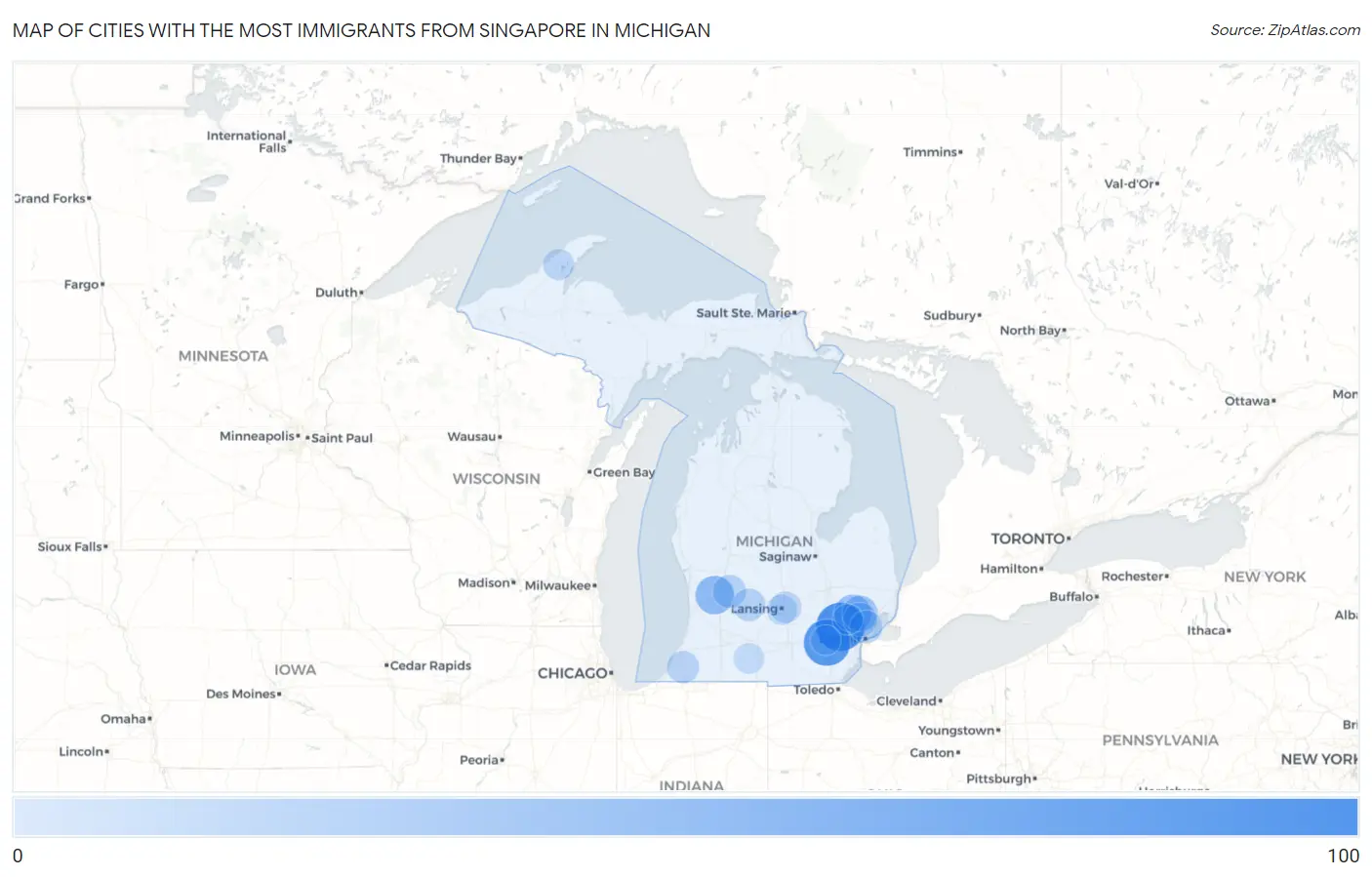 Cities with the Most Immigrants from Singapore in Michigan Map