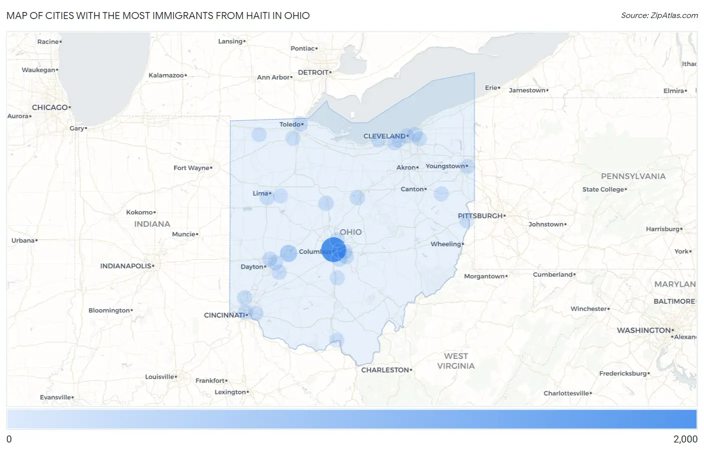 Cities with the Most Immigrants from Haiti in Ohio Map