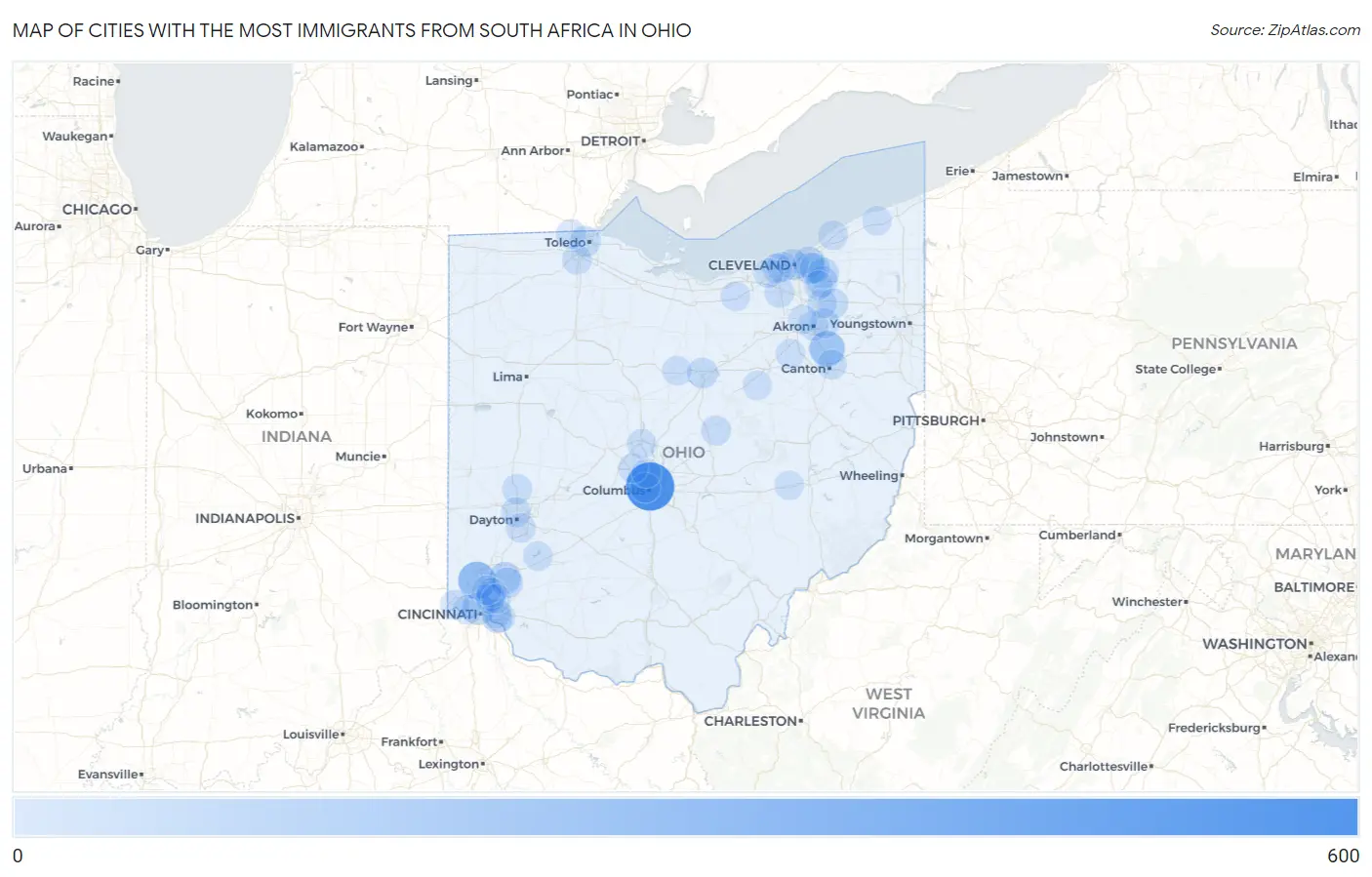 Cities with the Most Immigrants from South Africa in Ohio Map