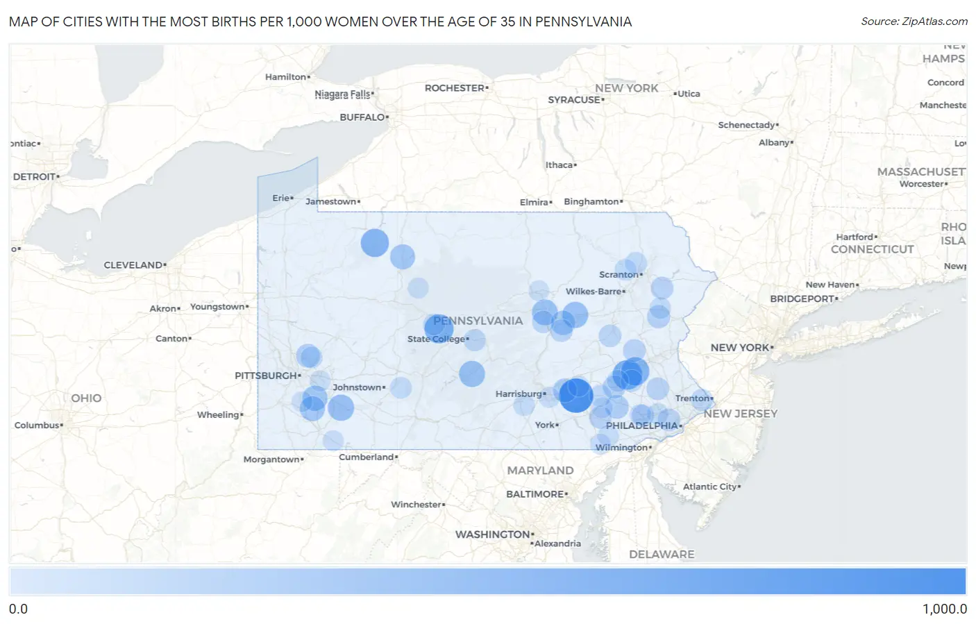 Cities with the Most Births per 1,000 Women Over the Age of 35 in Pennsylvania Map