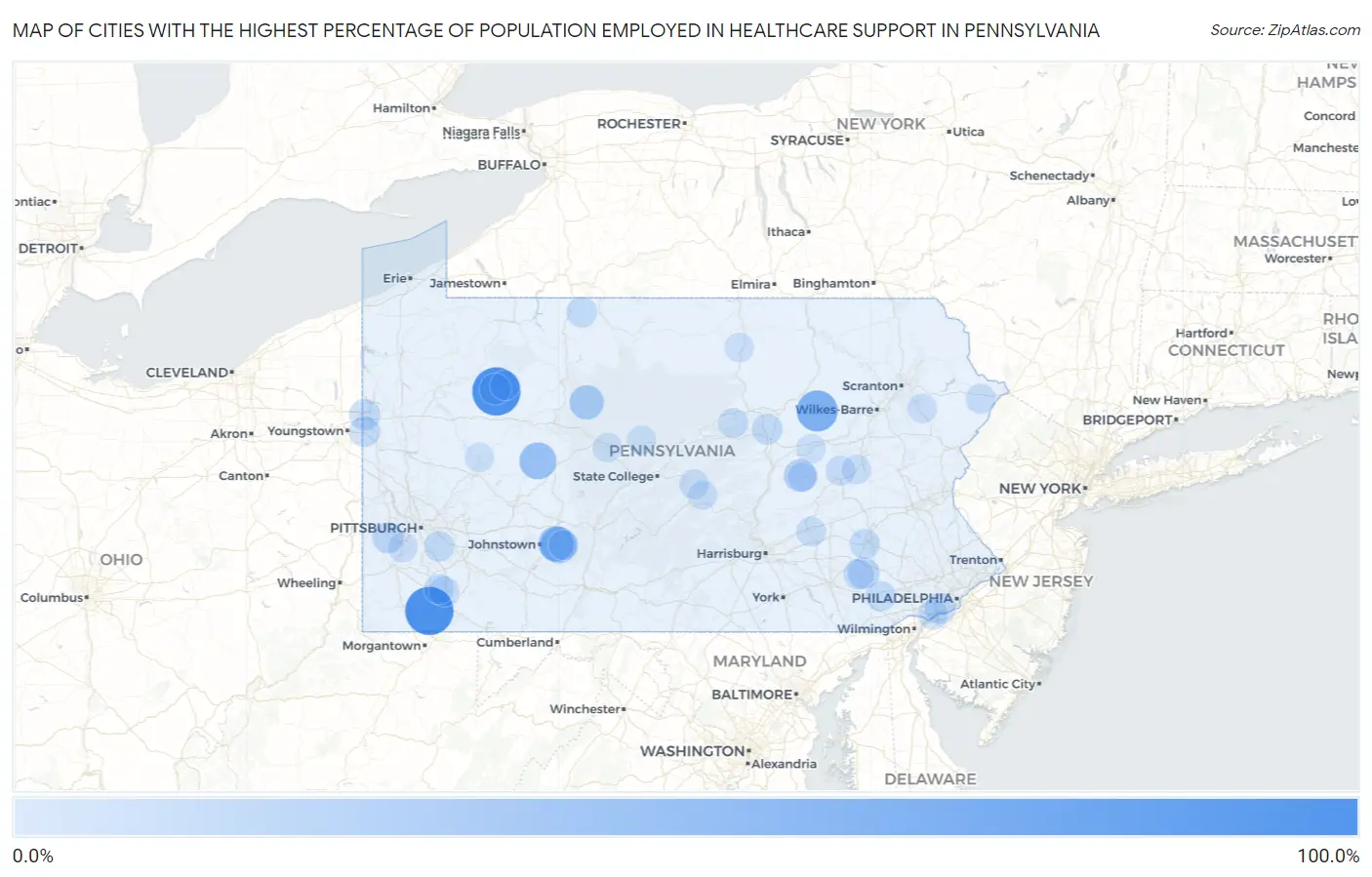 Cities with the Highest Percentage of Population Employed in Healthcare Support in Pennsylvania Map